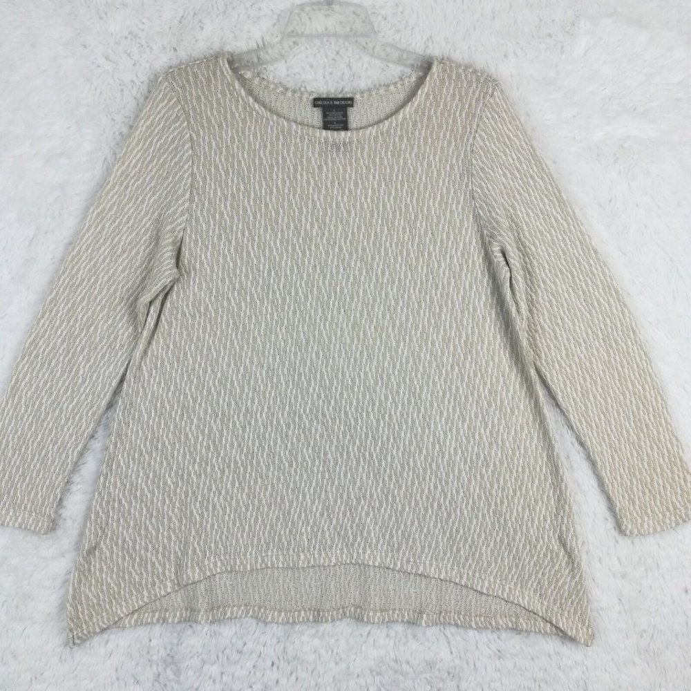 Chelsea & Theodore Womens Sweater Pullover White Oatmeal Loose Knit High Low L